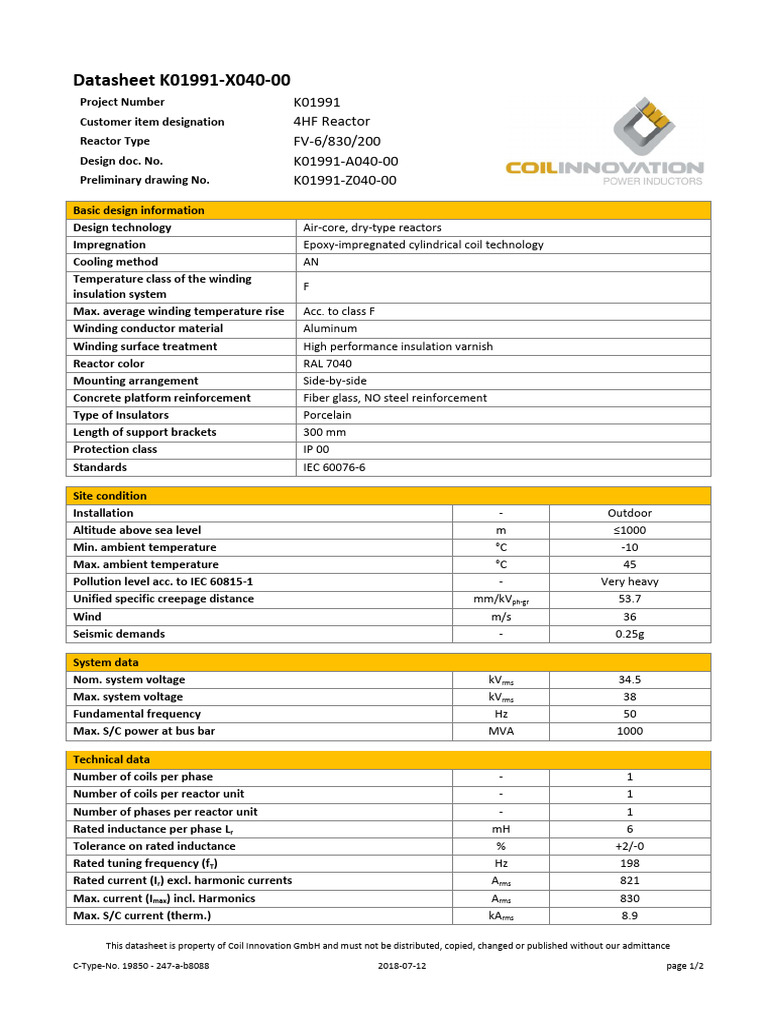 Datasheet K01991-X040-00: K01991 4HF Reactor FV-6/830/200 K01991-A040 ...