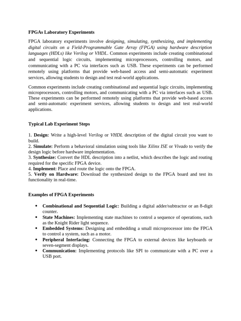 FPGA Laboratory Experiments Guide | PDF