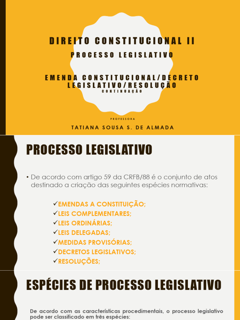 PROCESSO LEGISLATIVO Continuação Emenda Constitucional Resolução e ...