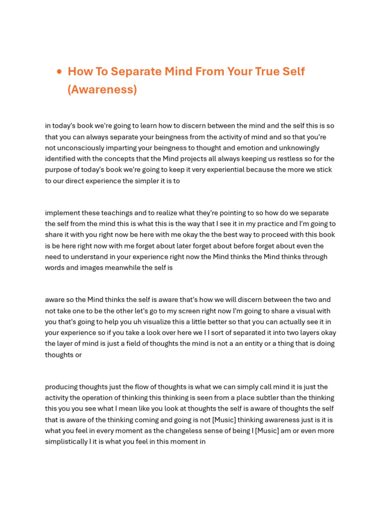 Separate Mind from True Self Awareness | PDF | Thought | Experience