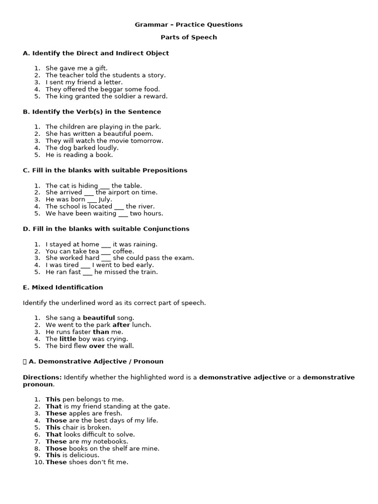 Grammar Practice Questions Guide | PDF | Pronoun | Adjective