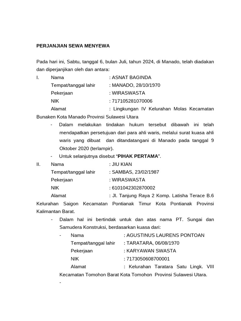Perjanjian Sewa Menyewa di Manado | PDF