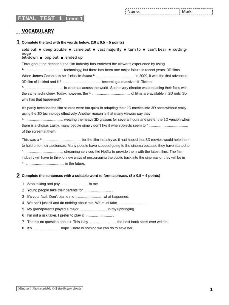 01mindset1 Final1 Test Vocabulary Grammar | PDF | 3 D Film | Movie Theater