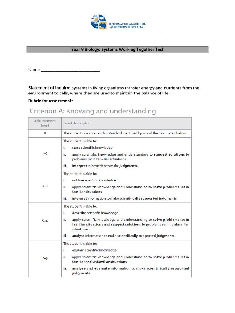 Year 9 Biology Systems Test Guide | PDF | Antibody | Neuron
