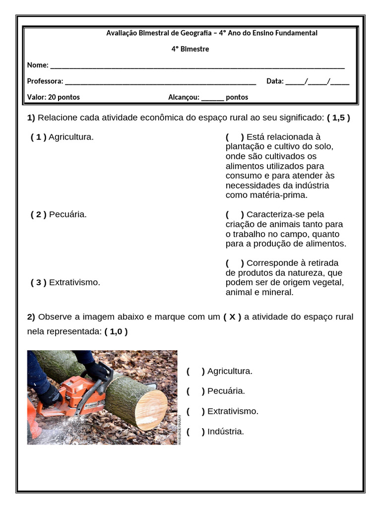 Avaliação de Geografia 4º Ano - Bimestre 4 | PDF | Agricultura | Cidade