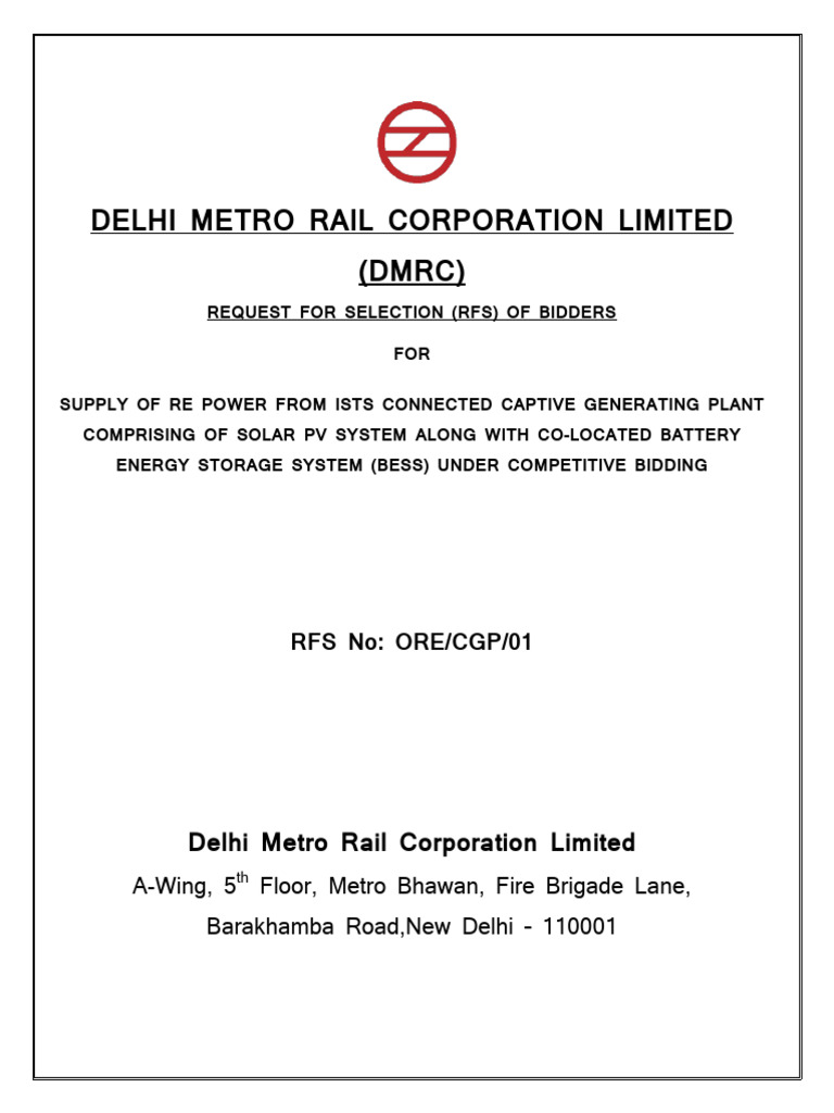 DMRC RFS for Solar PV and BESS Supply | PDF | Auction | Solar Power