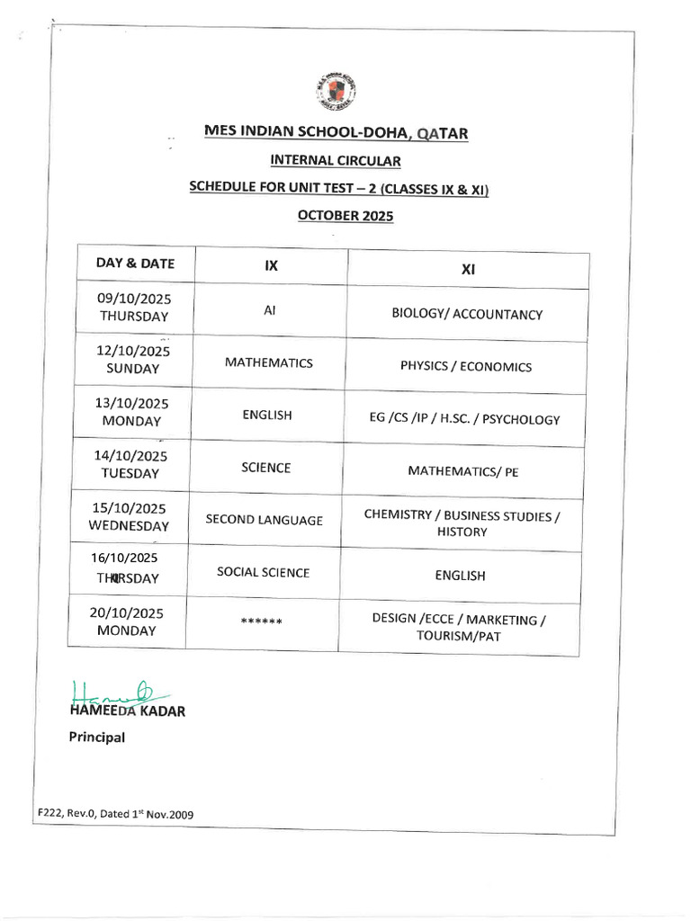 Schedule For Unit Test - 2 (Classes Ix & Xi) October 2025, (Boys ...