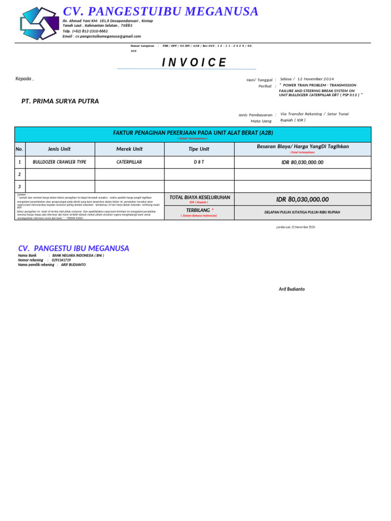 Invoice for Caterpillar D8T Repair | PDF | Indonesian Rupiah | Valve