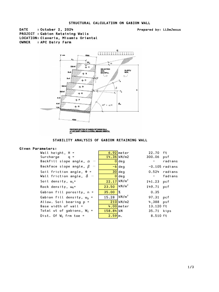 Gabion Retaining Wall Stability Analysis | PDF | Mechanical Engineering ...