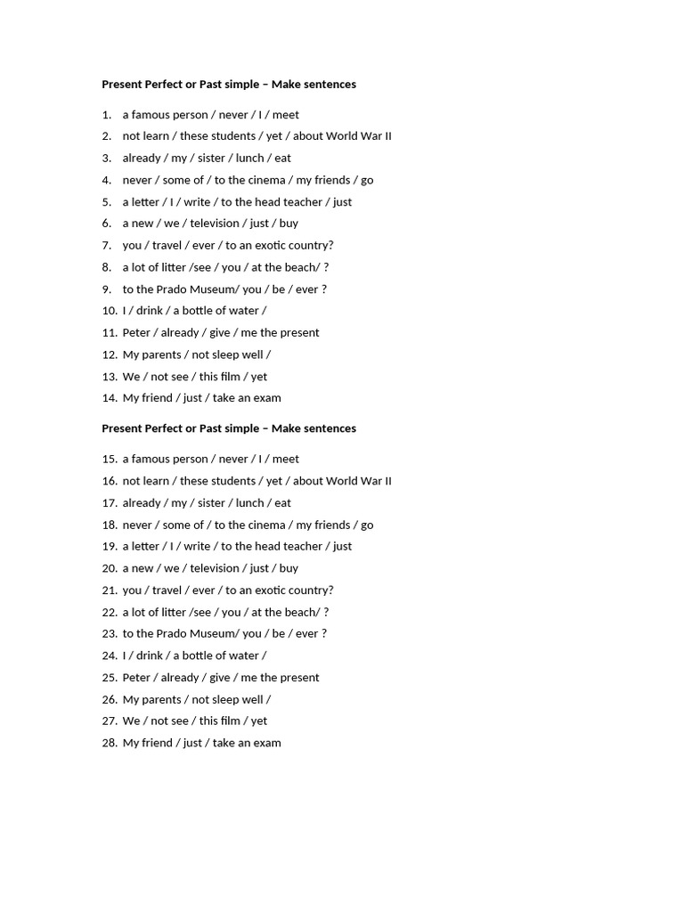 Present Perfect Sentence Practice | PDF