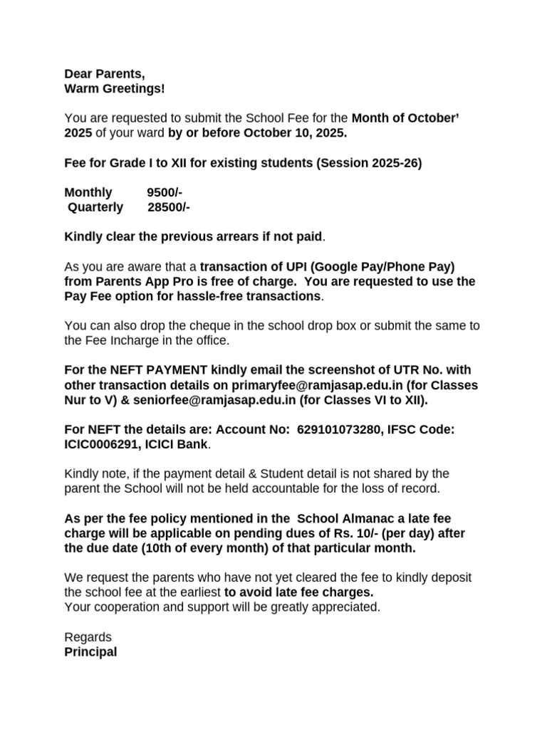 October 2025 School Fee Payment Reminder | PDF