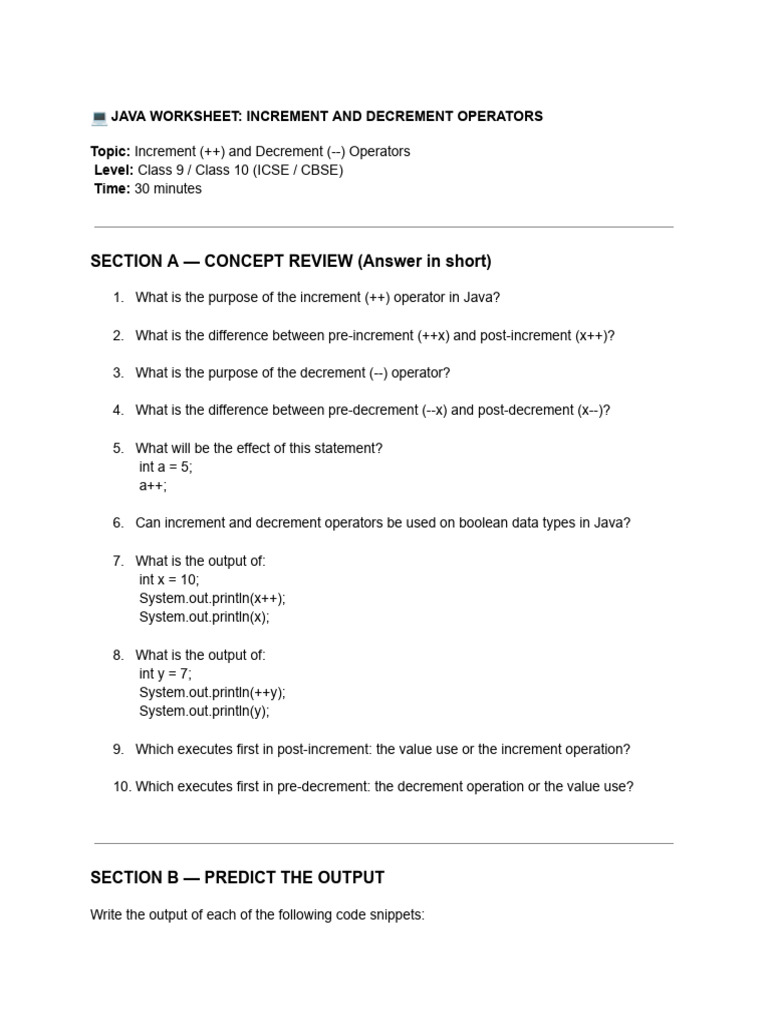 ? Java Worksheet - Increment and Decrement Operators | PDF | Integer ...