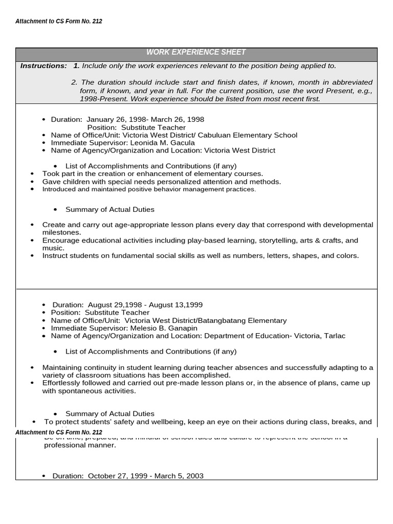 Work Experience for Teaching Positions | PDF | Teachers | Lesson Plan