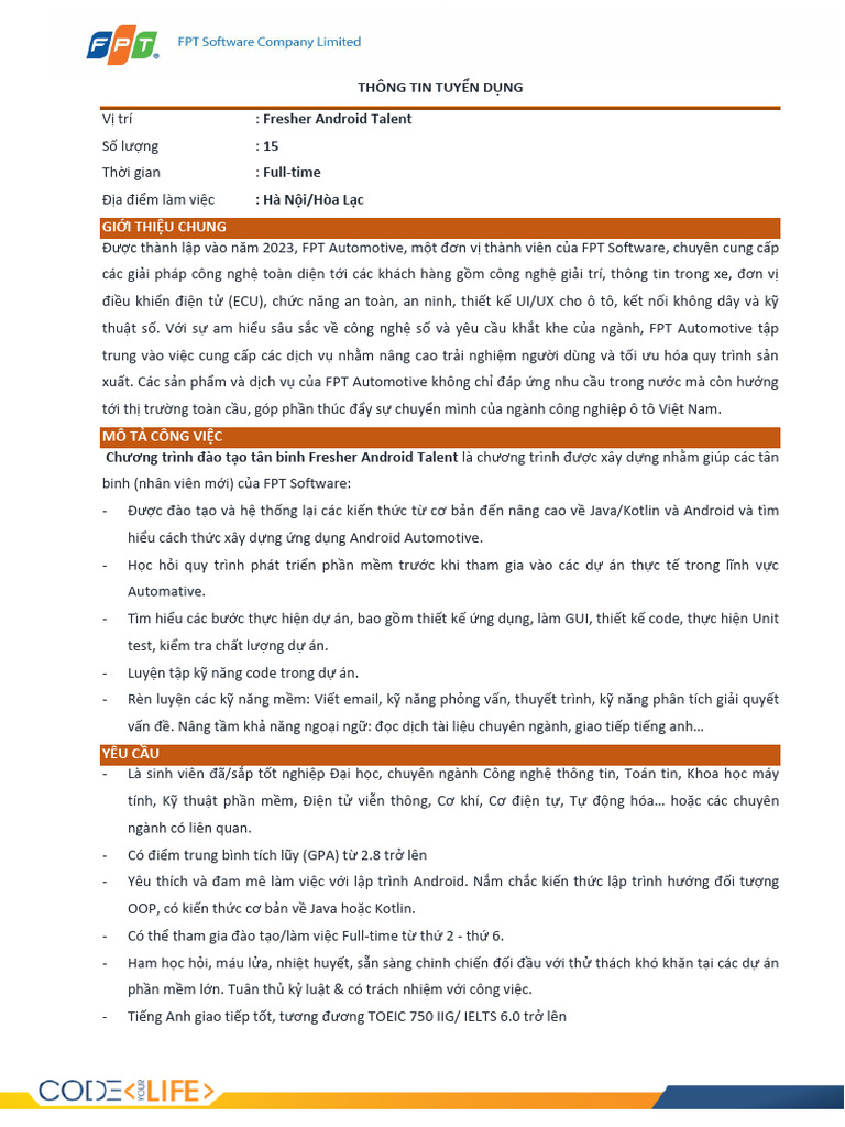 FPT Software Fresher Android Talent FA | PDF