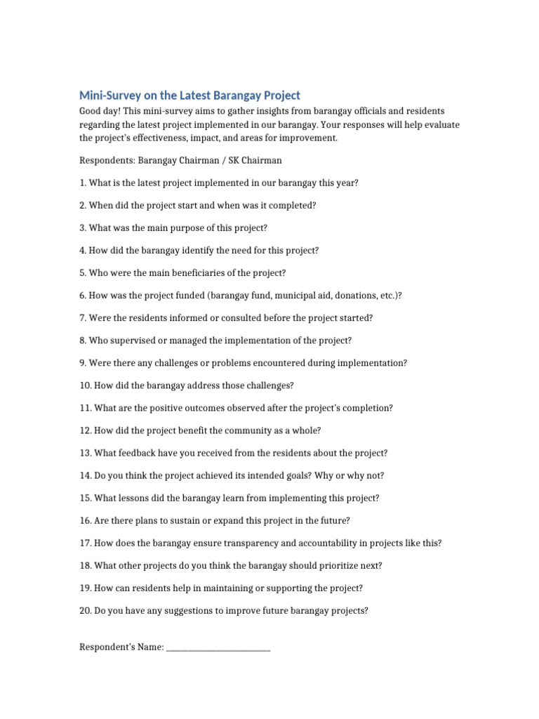 Barangay Project Mini-Survey Questions | PDF