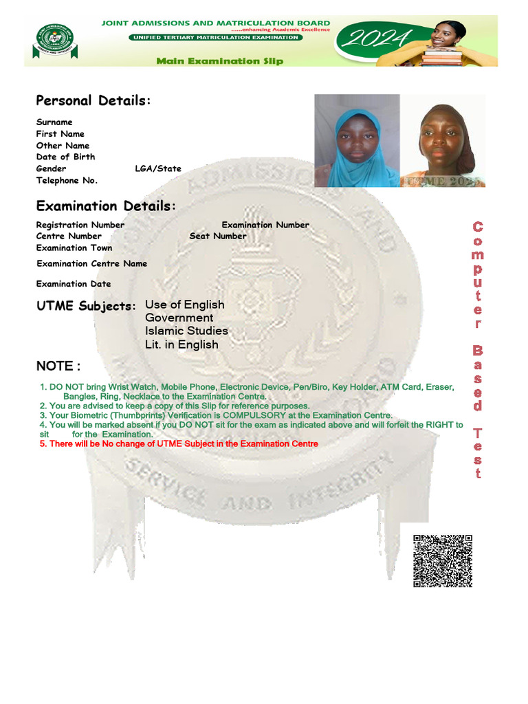 UTME 2025 Exam Slip for Rofiat Yekini | PDF