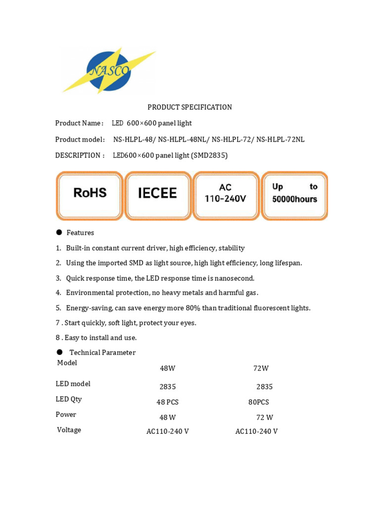 LED 600x600 Panel Light Specifications | PDF | Electricity | Electrical ...