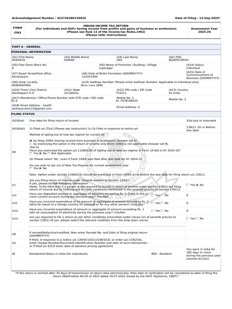 ITR3 Income Tax Return Form 2025-26 | PDF | Taxes | Payments