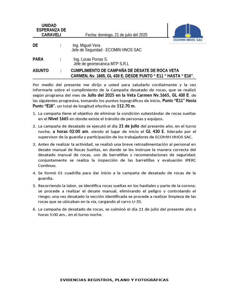 Imforme n 02 Campaña de Desate de Roca Suelta | PDF