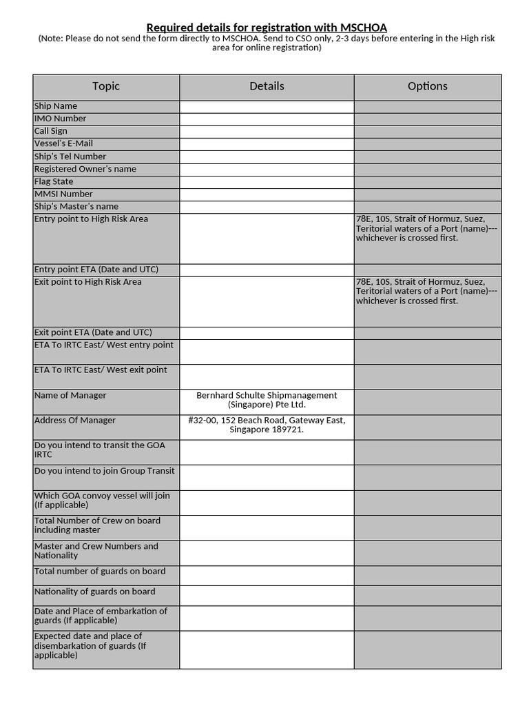High Risk Area Vessel Registration Form | PDF | Ships | Shipping