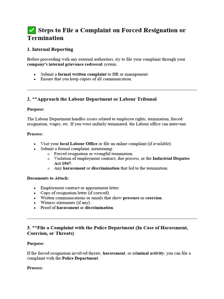 Filing Complaints for Forced Resignation | PDF | Harassment | Complaint