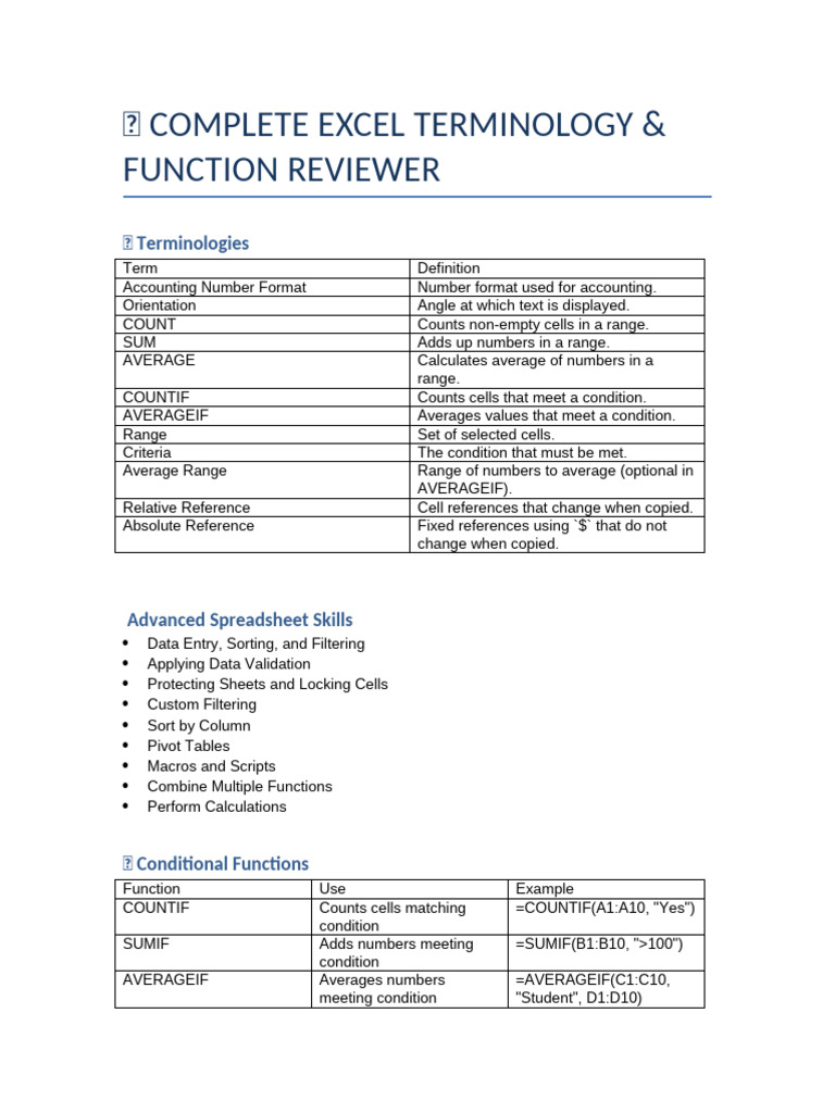 Excel Functions and Terminology Guide | PDF | Microsoft Excel