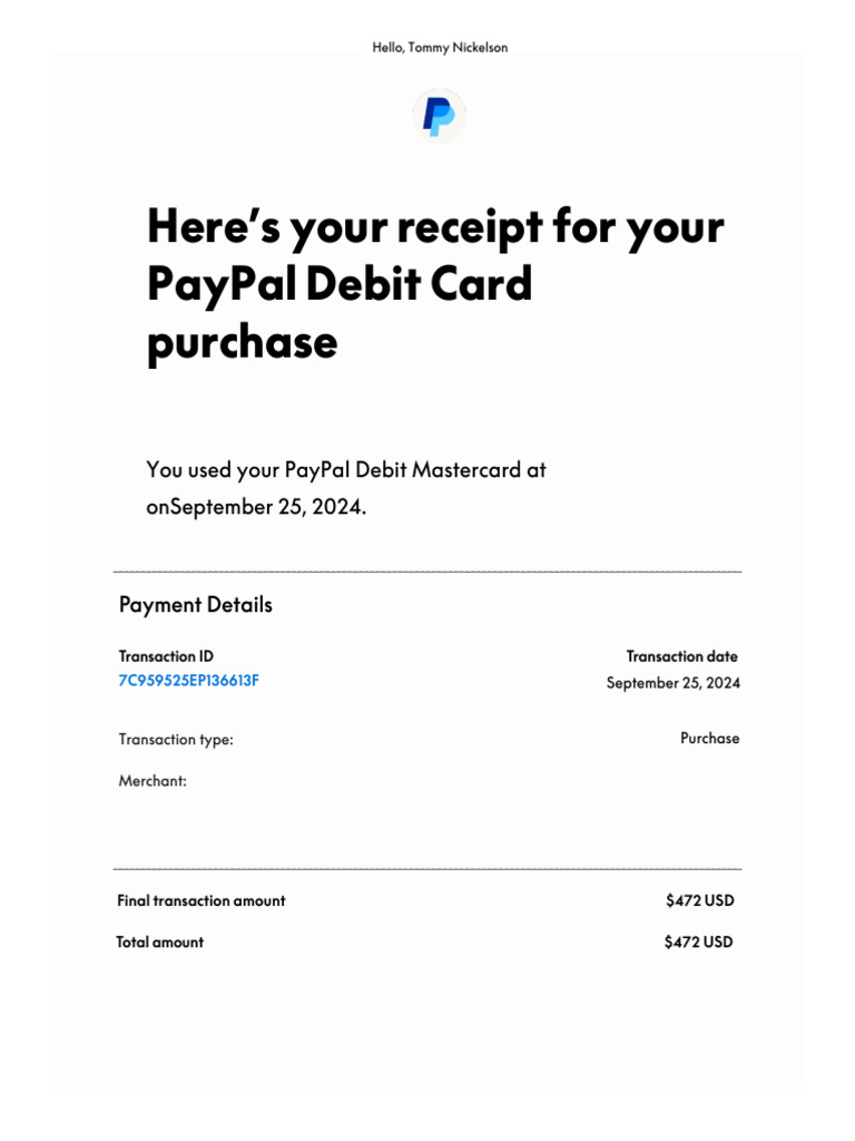 PayPal Debit Card Purchase Receipt | PDF
