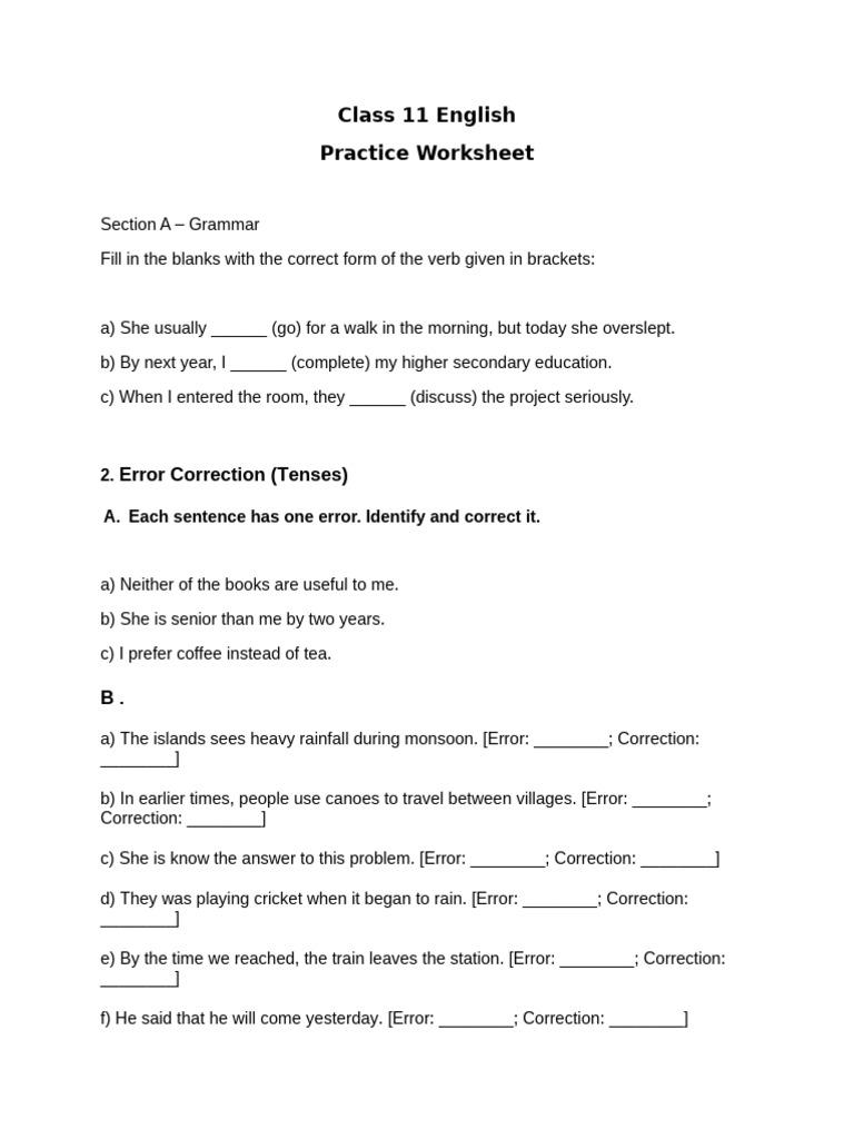 Class 11 English Grammar and Writing Exercises | PDF