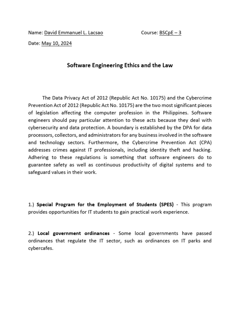 Lacsao - Software Engineering Ethics and The Law | PDF