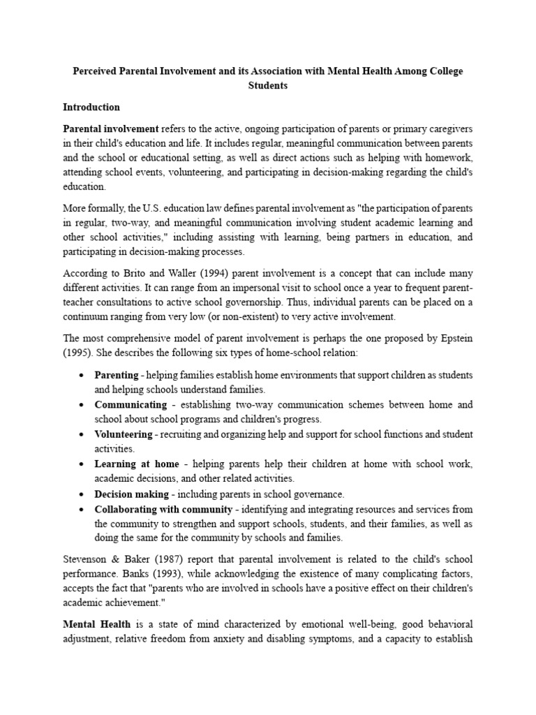 Parental Involvement and College Mental Health | PDF | Mental Health ...