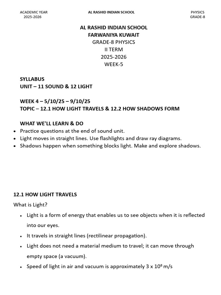 Grade 8 Physics: Light and Shadows Syllabus | PDF | Shadow | Light