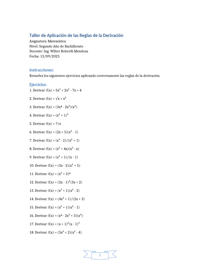 Taller de Derivación para Bachillerato | PDF