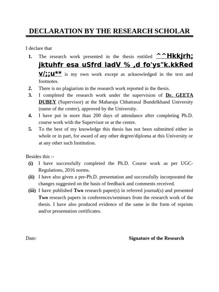 Ph.D. Thesis Declaration and Certification | PDF | Thesis | Doctor Of ...