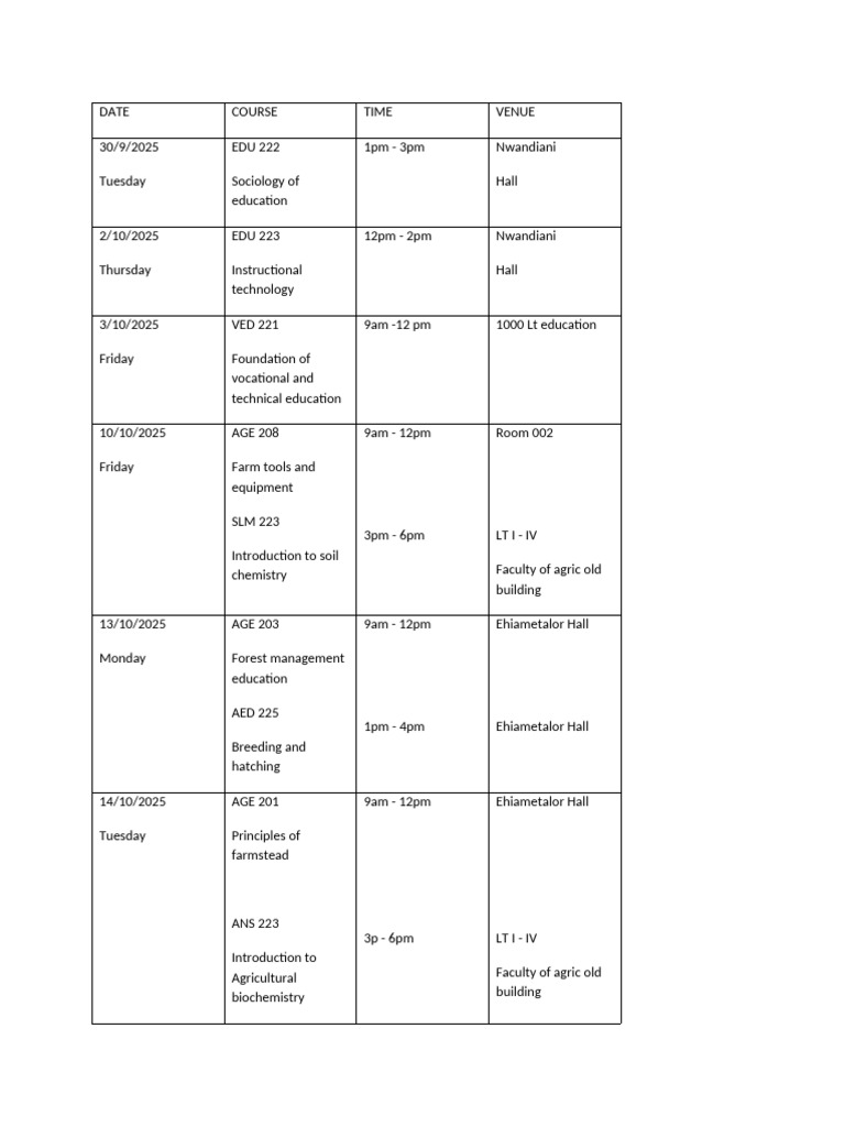 200 Level Exam Timetable | PDF