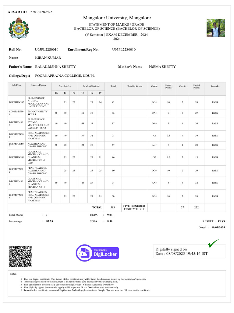 Mangalore University B.Sc. Marks Statement | PDF | Mechanics ...