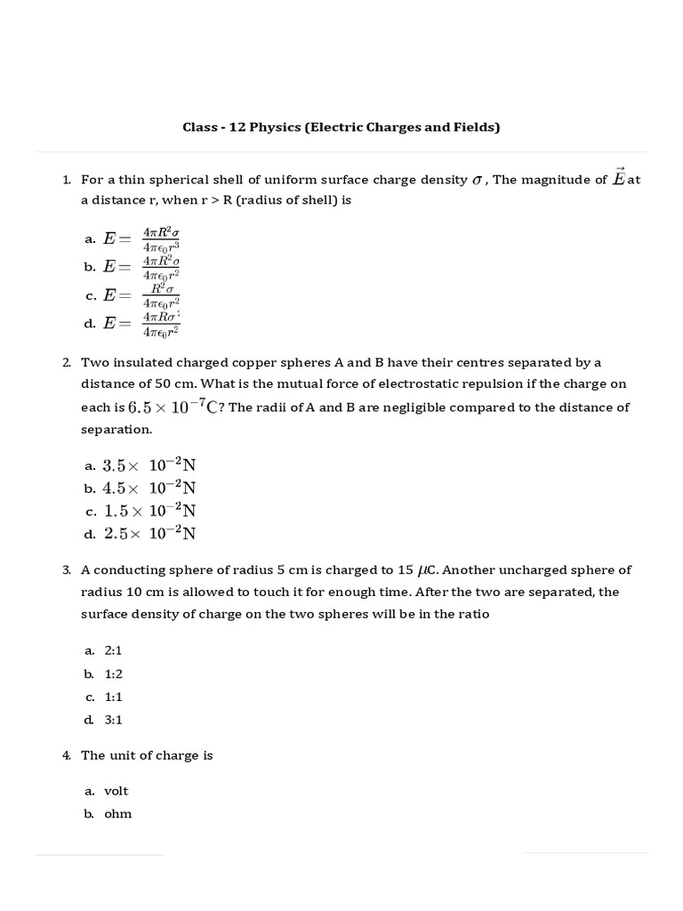 Class 12 Physics: Electric Charges & Fields | PDF | Electric Field ...