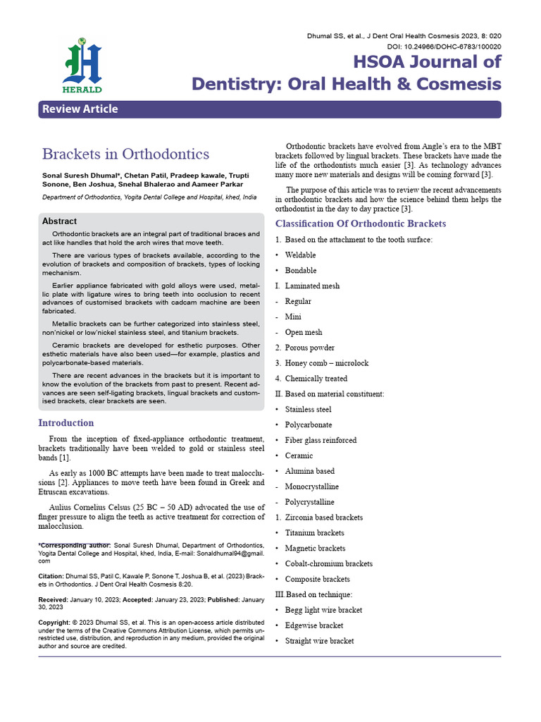 Evolution of Orthodontic Brackets | PDF | Orthodontics | Medical ...