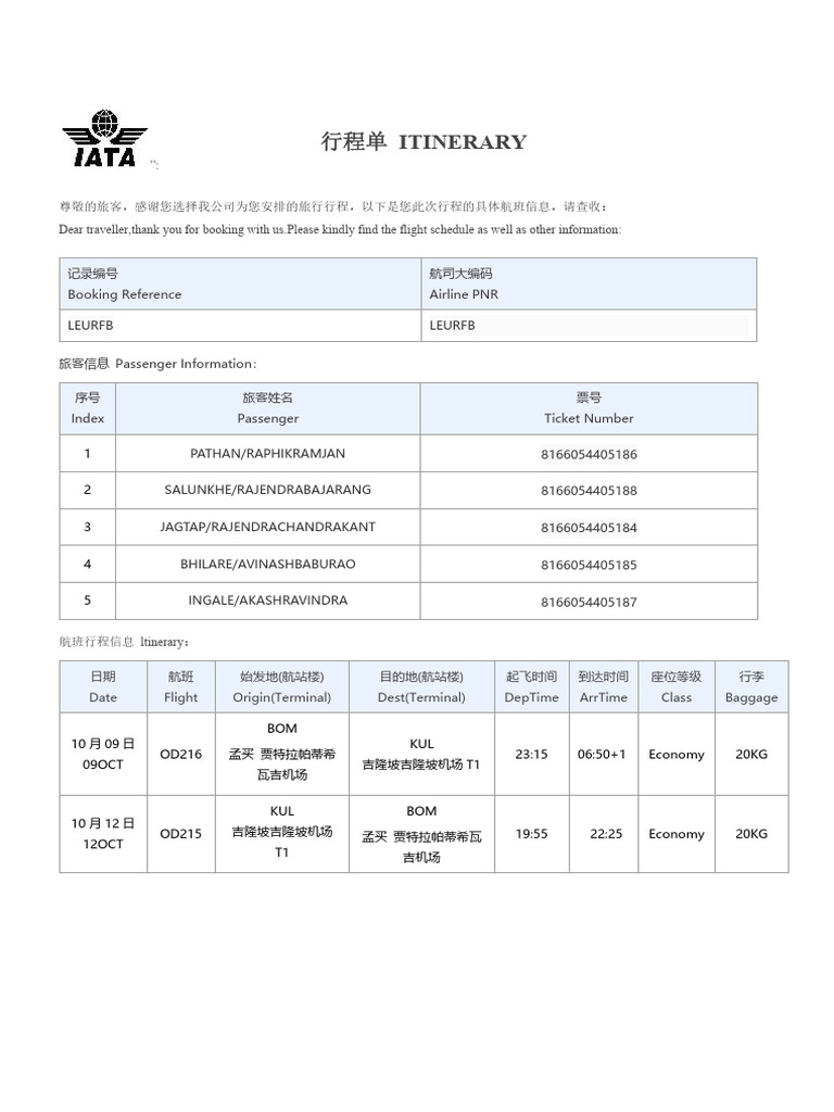 旅行行程单与航班信息 | PDF | Travel Visa | Aviation