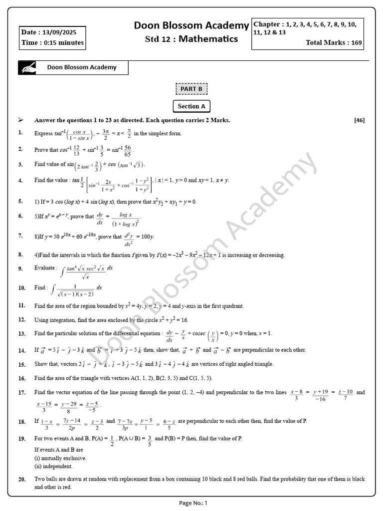 Grade 12 Science MATHS Imp Questions Board Exam 2025-2026 | PDF ...
