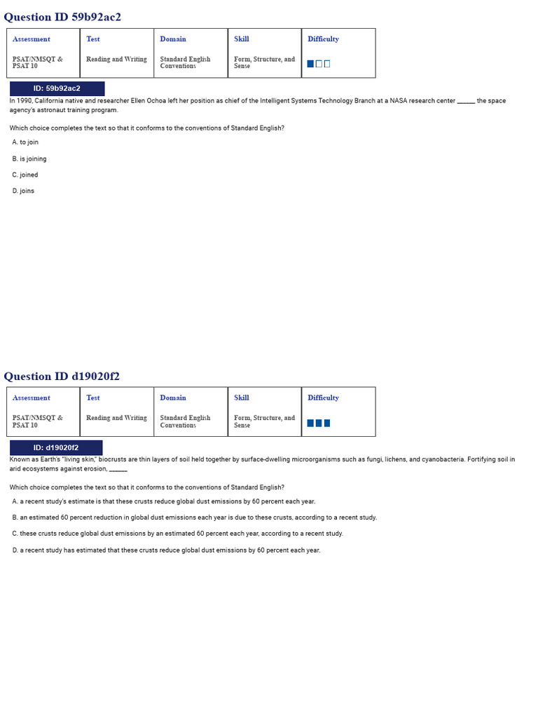SAT Suite Question Bank - PSAT Form, Structures, and Sense | PDF