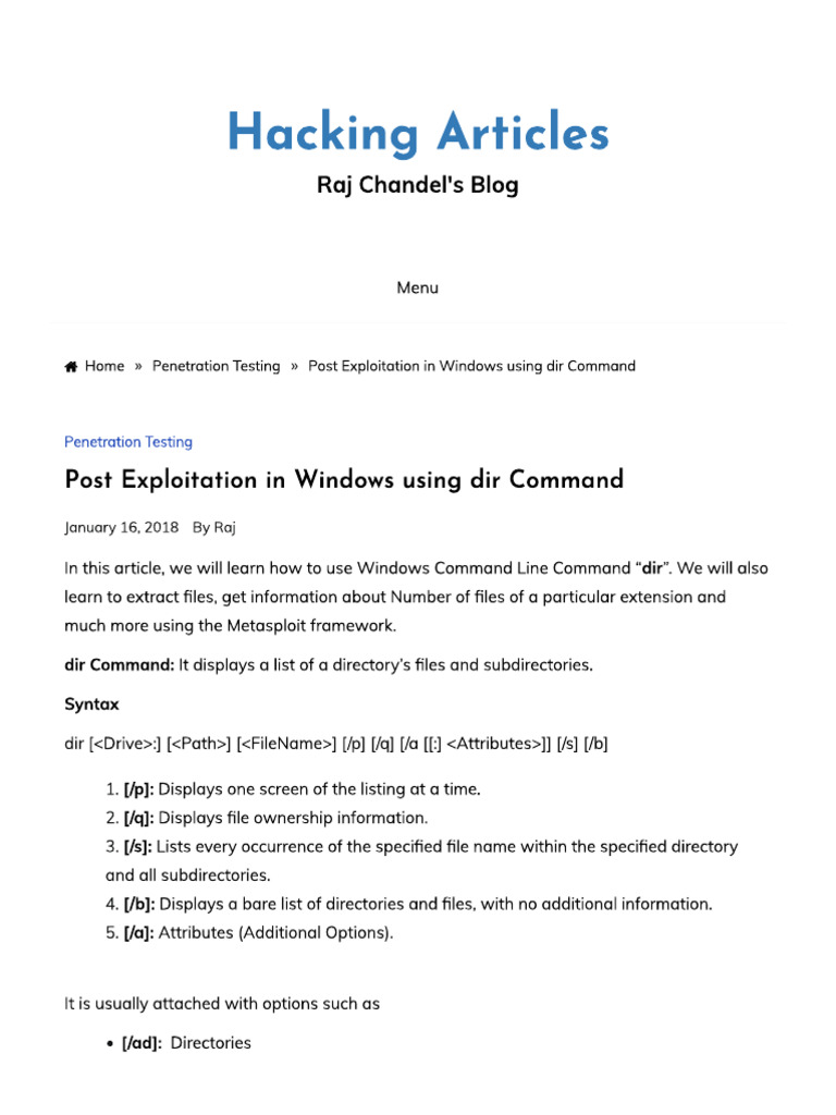 Post Exploitation in Windows Using Dir Command | PDF