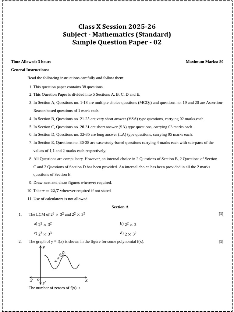 Class X Mathematics Sample Paper 2025-26 | PDF | Circle | Trigonometric ...