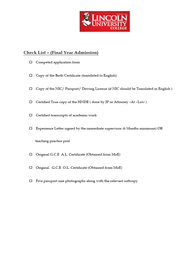 Final Year Admission Checklist | PDF