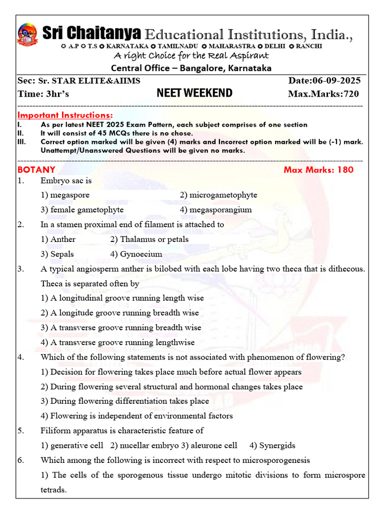 NEET 2025 Botany Exam Instructions and Questions | PDF | Heart | Anatomy