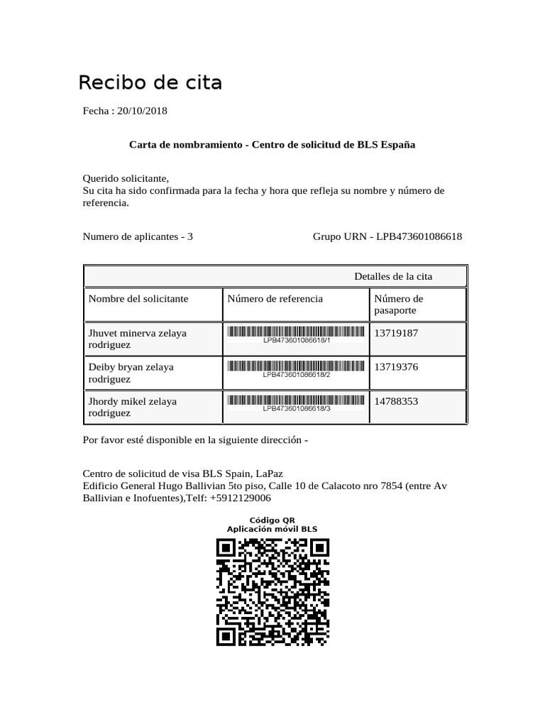 Confirmación de Cita BLS España | PDF