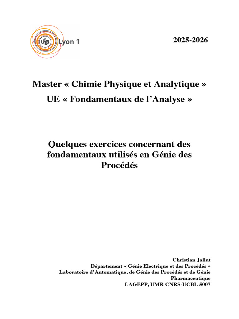 Exercices de Génie des Procédés en Chimie | PDF | Pression | Densité