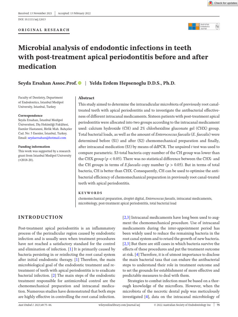 Microbial Analysis of Endodontic Infections in Teeth With Post ...