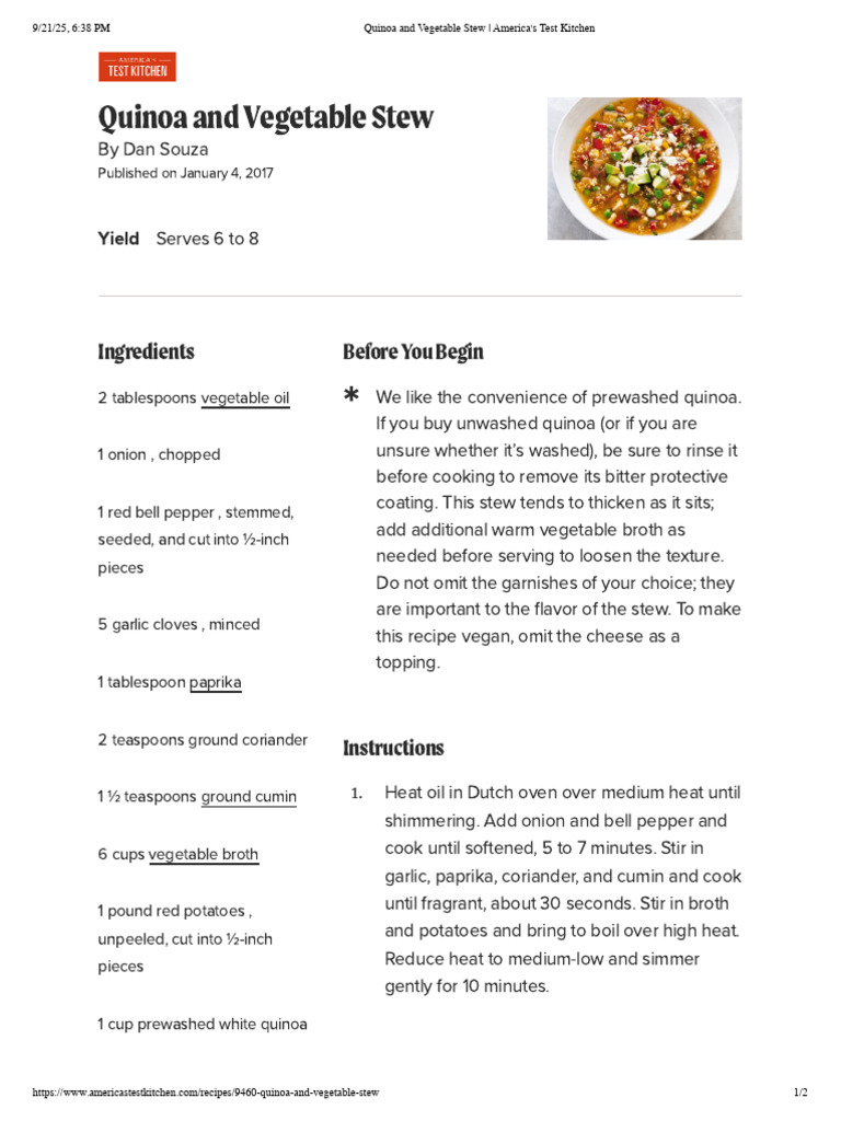 Quinoa and Vegetable Stew - America's Test Kitchen | PDF | Coriander ...