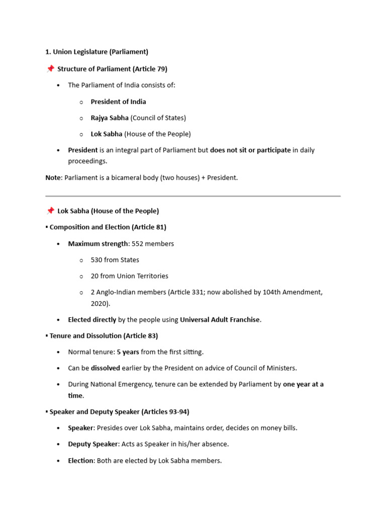 Structure and Functions of Indian Legislature | PDF | Government ...