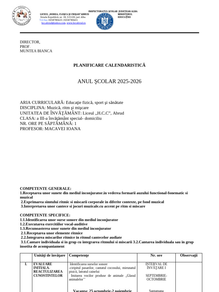 Planificare Muzica, Ritm Si Miscare | PDF